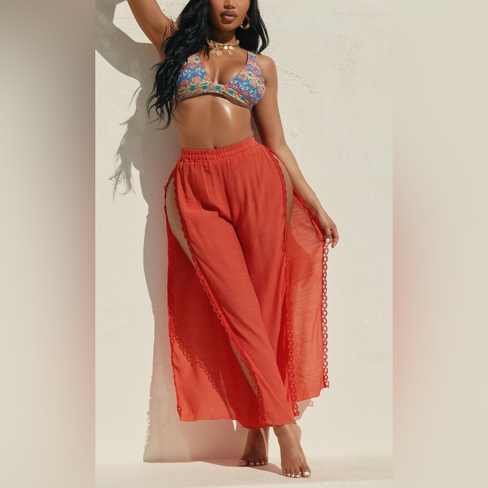 Fashion Nova Beachside Breeze High Side Slit Cover Up Pants - Coral Size Small